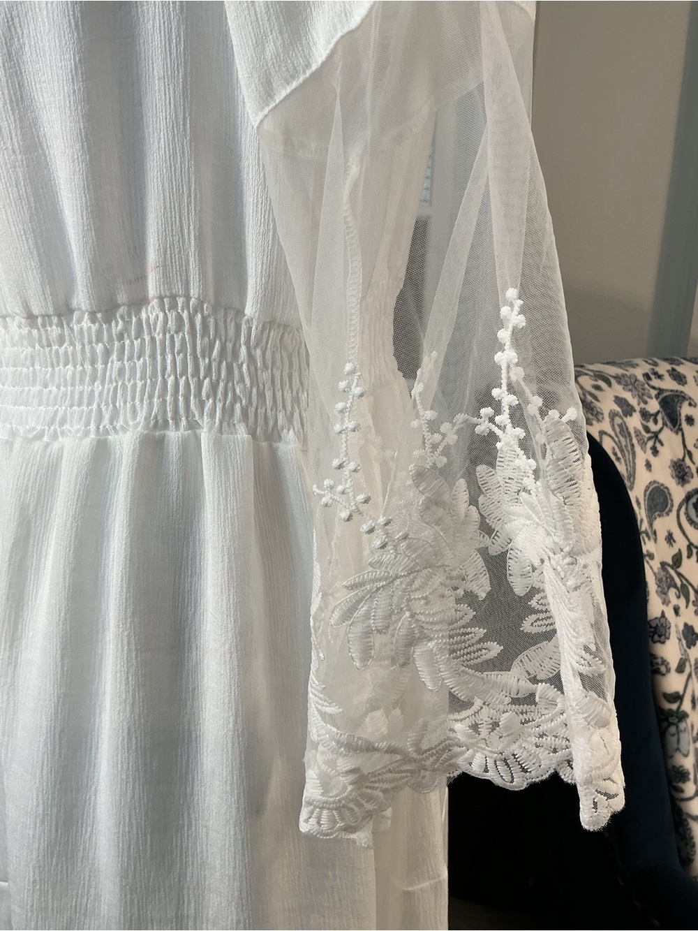 Boho White Off-Shoulder Maxi Dress Sheer Lace Bell Sleeve Tiered Size XL NWOT - Picture 11 of 16